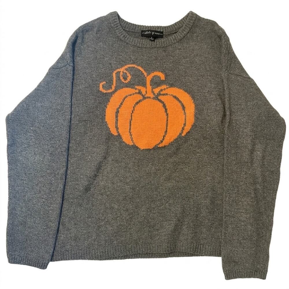 State of Mine Womens Large Knit Sweater Grey Orange Pumpkin Fall Halloween